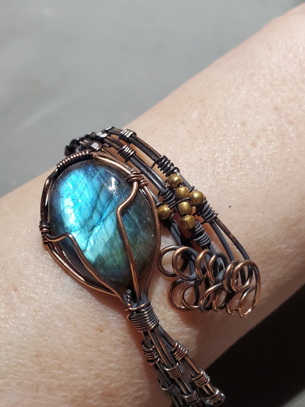 Handcrafted Copper Wire Wrapped Cuff Bracelet Labradorite Gemstone Boho New